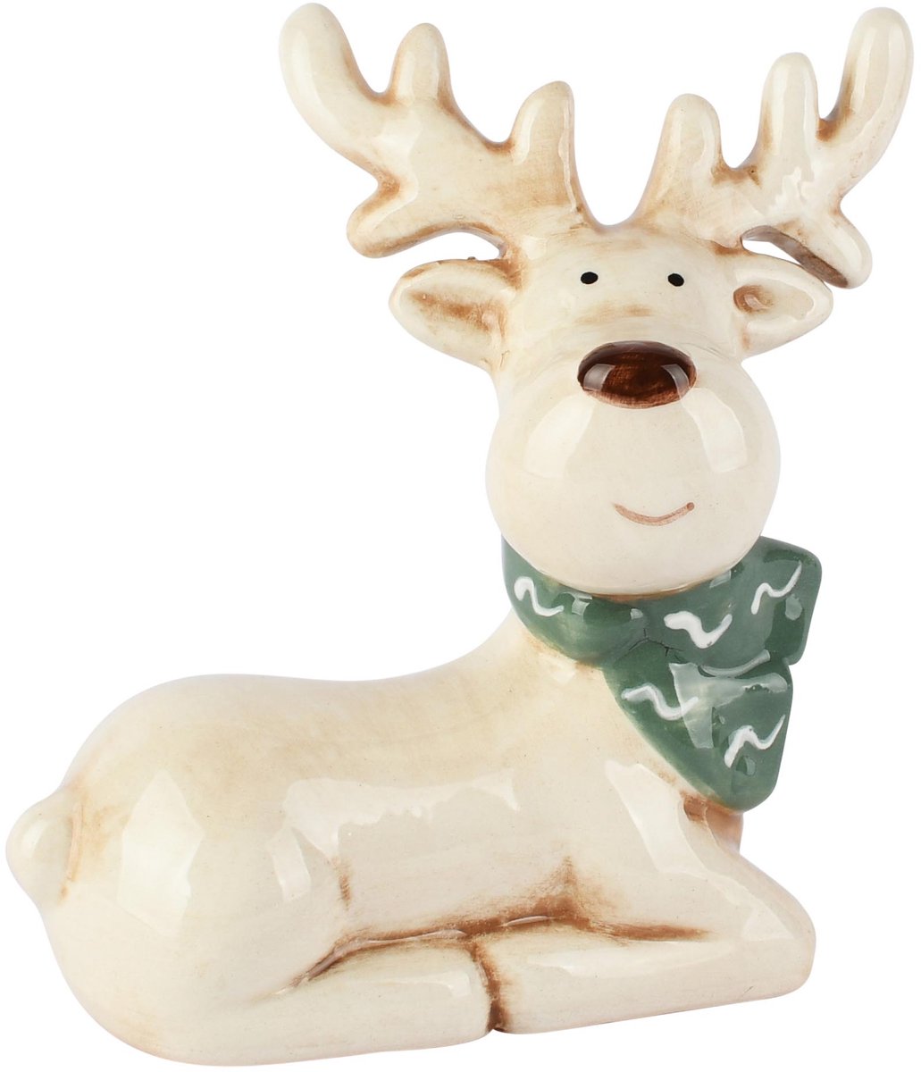 Dekoratief | Deco rendier liggend m/sjaaltje, beige/groen, dolomiet, 11x6x11cm | A265960