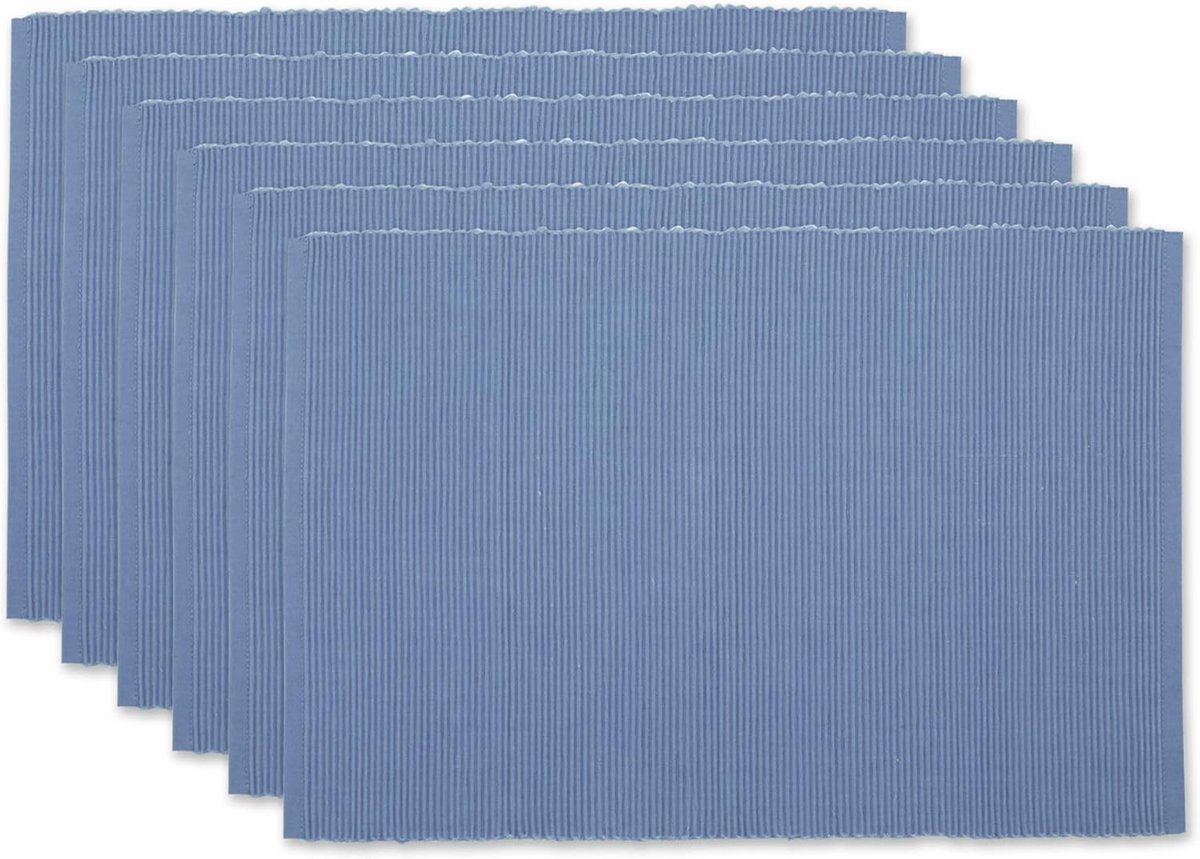 Basic Daily Ribbed Tabletop Collection, 100% Cotton Placemat Set, 33 x 48 cm, Stonewash Blue, 6-Piece
