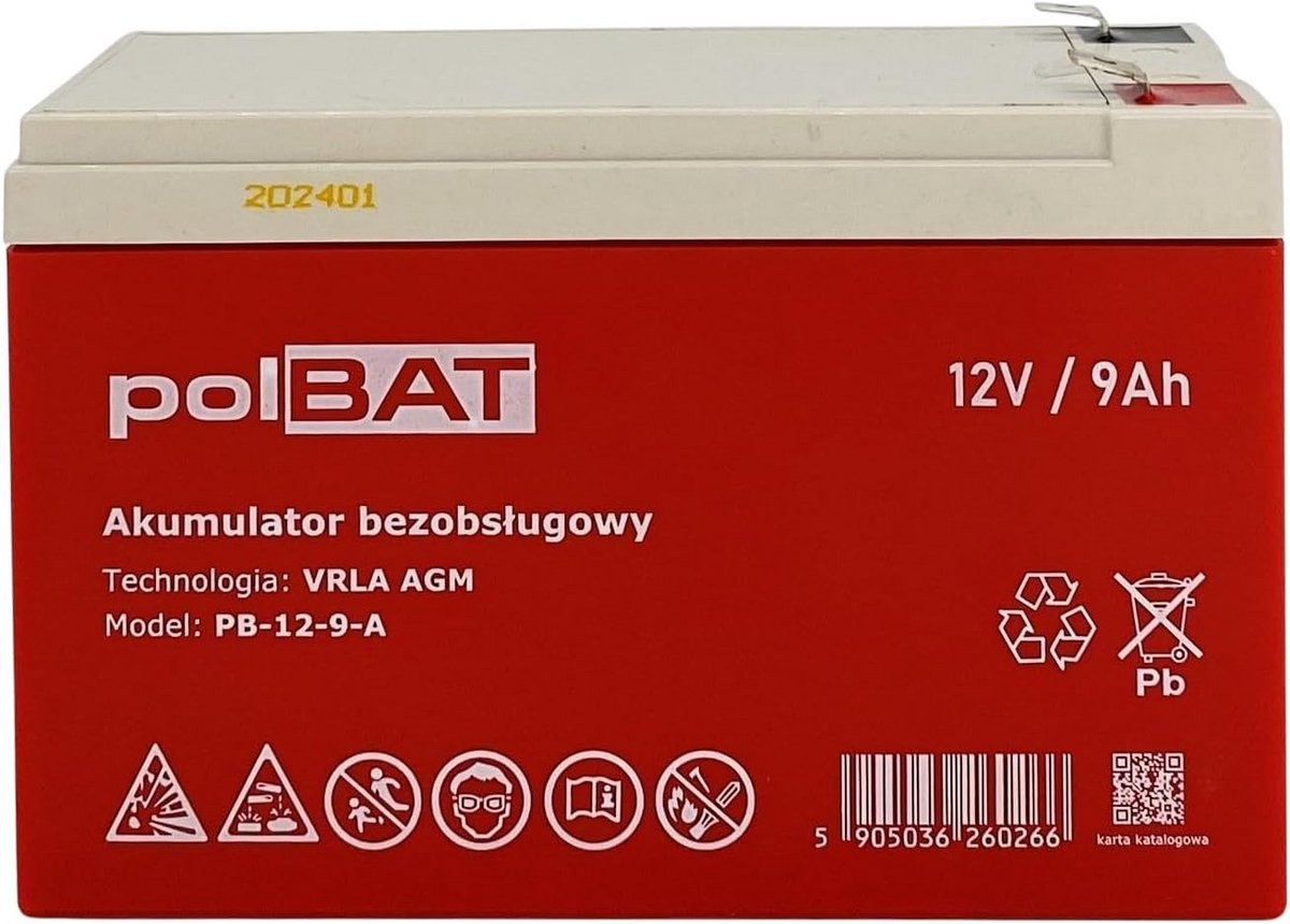 Batterij AGM 12 V 9 Ah PolBAT accu vlies batterij lood batterij reservebatterij batterij onderhoudsvrij voor elektrisch speelgoed alarm noodstroom UPS caravans alarmbeveiliging