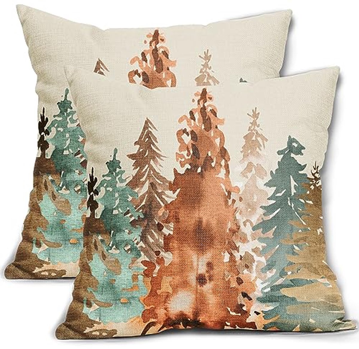 Set van 2 Herfst Kussenslopen - 45x45 cm Rustieke Aquarel Boom Print in Bruin, Blauw en Oranje