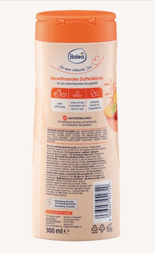 Balea douchegel flacon met sinaasappelkleurige dop. De achterkant toont fruit, ingrediënten en 300 ml.