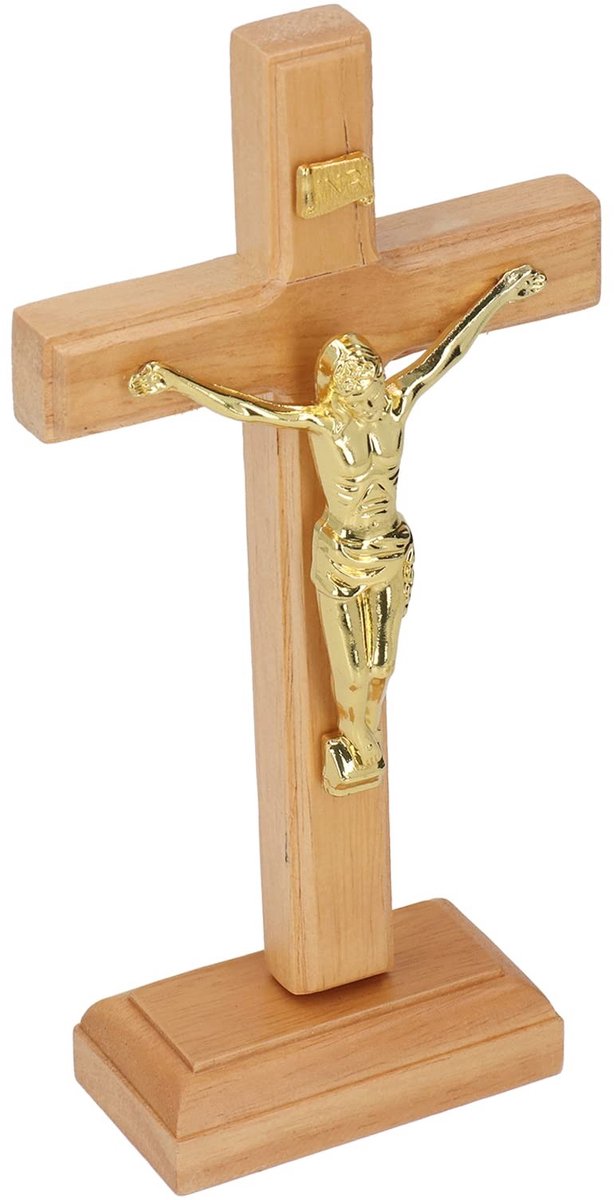 MTTproducts- Tafelkruis Handgemaakt - Stabiele Basis - Duurzaam Beuken/Metaal - Decoratie - Religieus Voorwerp - Ideaal voor Tafel - Crucifix