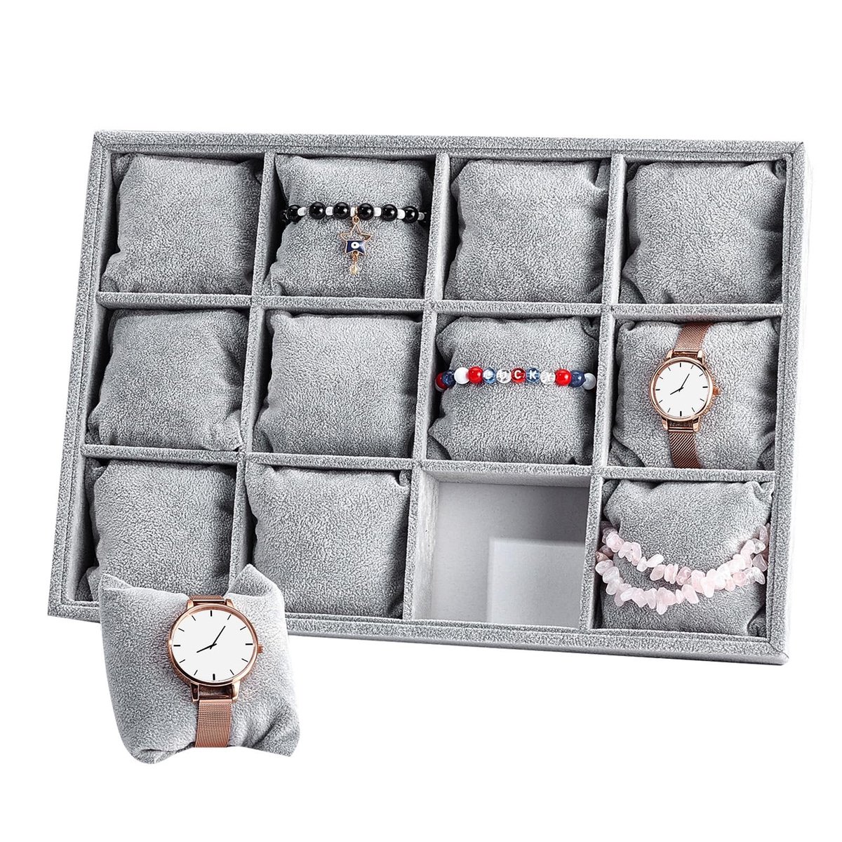 MTTproducts- Horloge Organizer 12 Compartimenten - Juwelenkistje - Houders voor Armbanden - Opbergdoos - Verstelbare Kussens - 35x24x5cm - Juwelendoos
