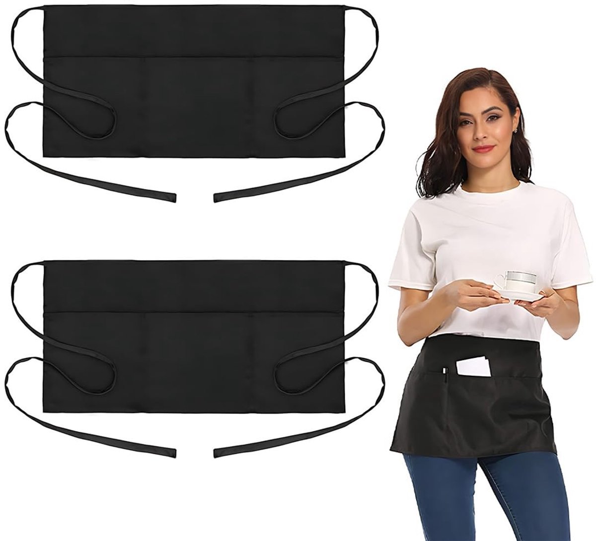MTTproducts- Kelnerschort 30 x 60 cm - Zwart - Tailleschort - Uniseks - Voorbinder - 3 Zakken - Voor Café/Restaurant - Schort