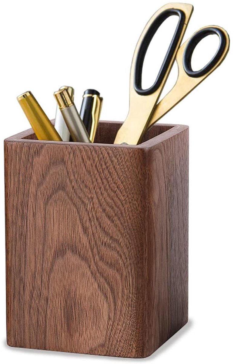 MTTproducts- Pennenkoker Handgemaakt - Bureau Organizer - Vierkante Pennenhouder - Zwart Walnoot Hout - 11x8x8cm - Uniek Ontwerp