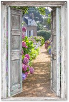 Affiche de jardin - Hortensia - Vue à travers - Fleurs - Violet - 120x180 cm - Jardin - Décoration clôture - Toile jardin - Affiche extérieure