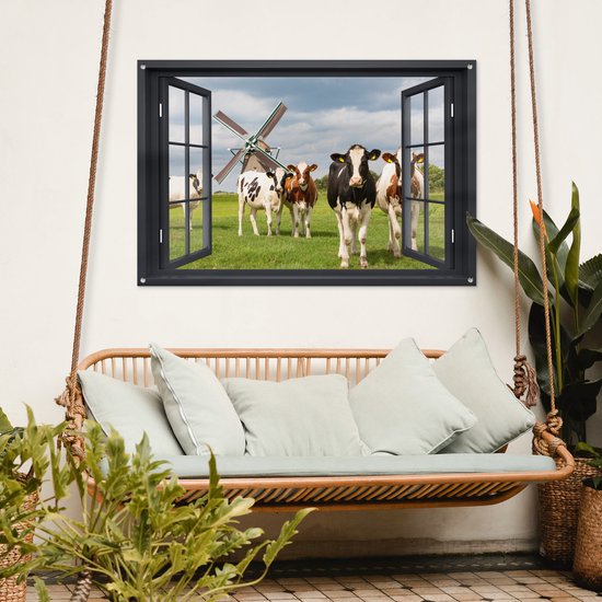 Affiche de jardin Transparente - Vache - Moulin - Vaches - Pâturage - Herbe - Vert - 130x80 cm