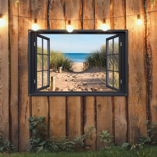 Tuinposter raam - Doorkijk - Strand - Natuur - Zee - Duinen - Planten - Tuindecoratie - Tuindoek - Tuinschilderij voor buiten - Schutting decoratie - Schuttingdoek - 120x80 cm - Tuin - Tuinposters