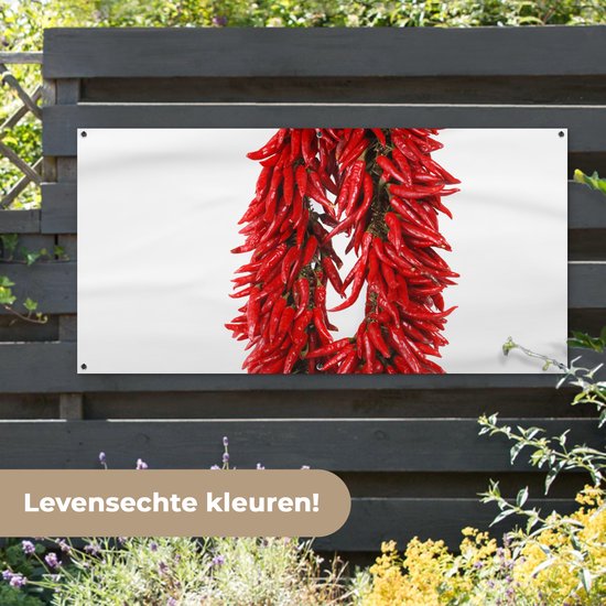 Décoration murale d'extérieur Une guirlande de piments de Cayenne ou Capsicum frutescens - 160x80 cm - Toile jardin - Poster extérieur