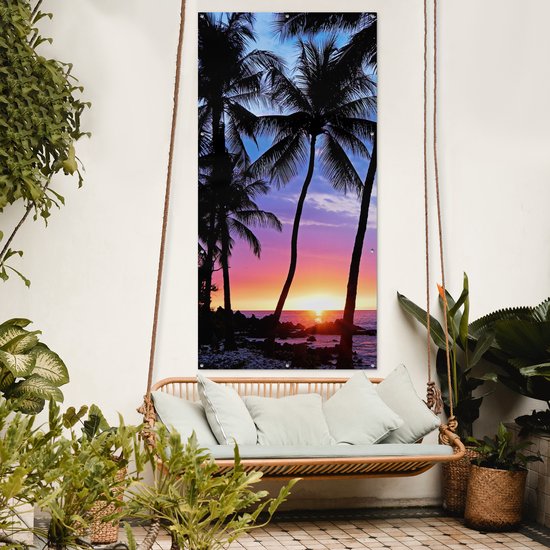 Affiche clôture Une silhouette de palmiers lors d'un coucher de soleil sur Hawaï - 100x200 cm - Toile jardin