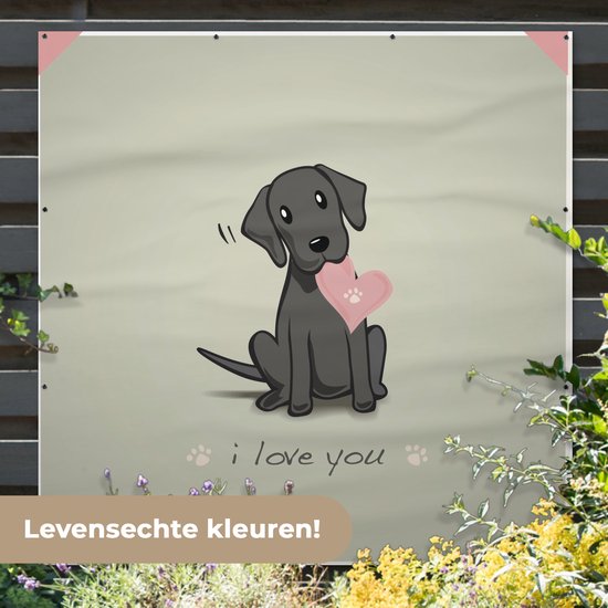 Tuinposter 200x200 cm - Tuindecoratie Een illustratie van een zwarte puppy met een hart - Poster voor in de tuin - Buiten decoratie - Schutting tuinschilderij - Tuindoek muurdecoratie - Wanddecoratie balkondoek