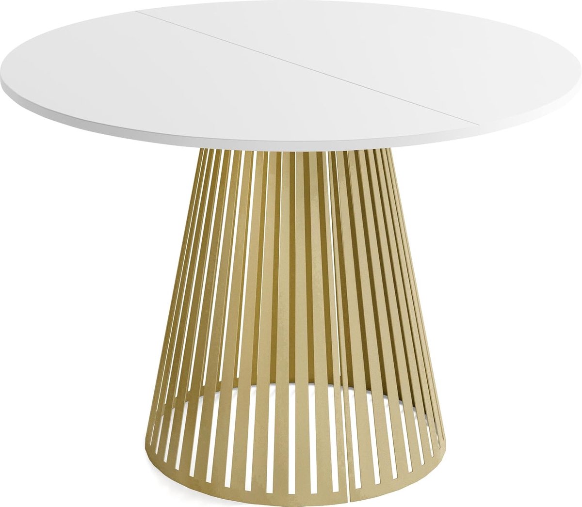 Lumina Round-to-Oval Verlengbare Eettafel – Industrieel Design met Verticale Gouden Latten – Uitschuifbaar van 100 naar 180 cm – Wit Tafelblad met Metalen Kegelframe