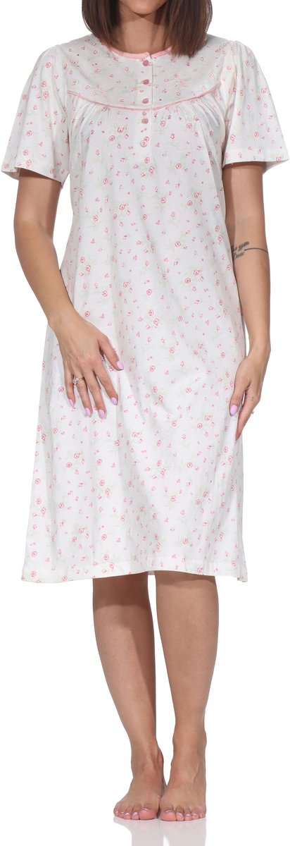 Normann Dames Nachthemd korte mouw – Romantisch bloemendesign, knoopsluiting bij de hals creme