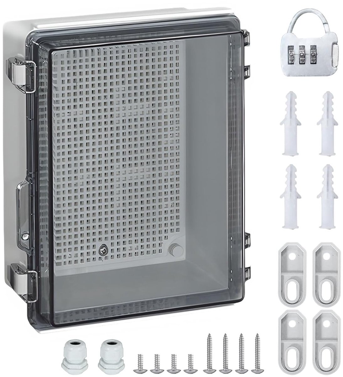 Waterdichte aansluitdoos IP66 met wandmontage, combinatie slot en 2 waterdichte aansluitingen, 220 x 110 x 170 mm, transparant en duurzaam ontwerp