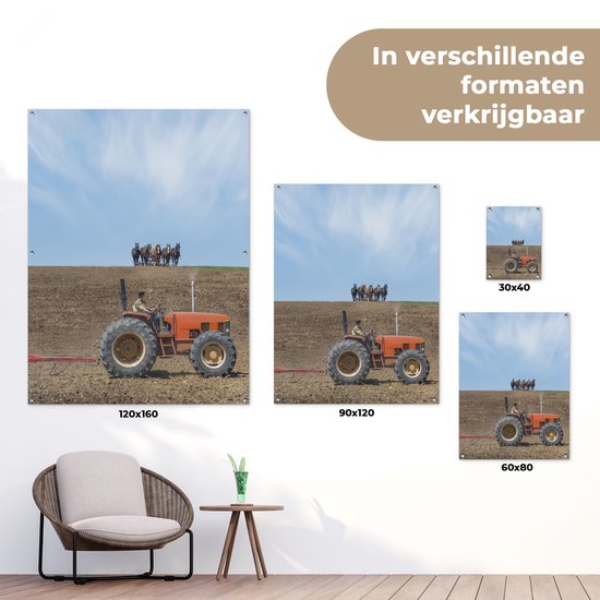 Tableau jardin Fermier avec tracteur et chevaux - 60x80 cm - Affiche jardin - Toile jardin - Affiche extérieur
