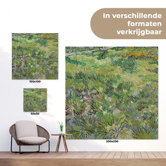Tuinposter 100x100 cm - Tuindecoratie Grasveld met bloemen en vlinders - Schilderij van Vincent van Gogh - Poster voor in de tuin - Buiten decoratie - Schutting tuinschilderij - Tuindoek muurdecoratie - Wanddecoratie balkondoek