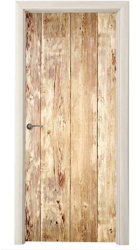 Affiche de porte adhésif imprimé planches de bois patinées, sur fond blanc.