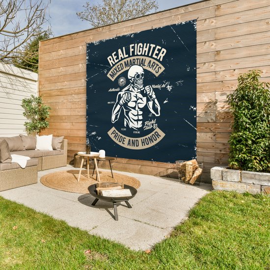 Tuinposter 200x200 cm - Tuindecoratie Vechtsport - Skelet - Retro - Tekening - Poster voor in de tuin - Buiten decoratie - Schutting tuinschilderij - Tuindoek muurdecoratie - Wanddecoratie balkondoek