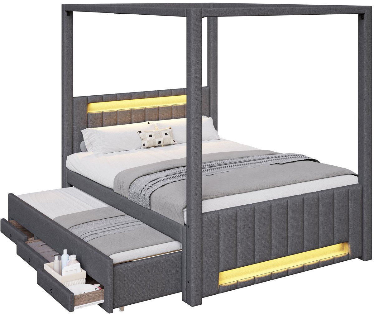 Merax Gestoffeerd Bed 140x200 - Hemelbed met Uitschuifbed - Bed met Opbergruimte - 3 Lades - LED Verlichting met Afstandsbediening - Houten Lattenbodem - Grijs