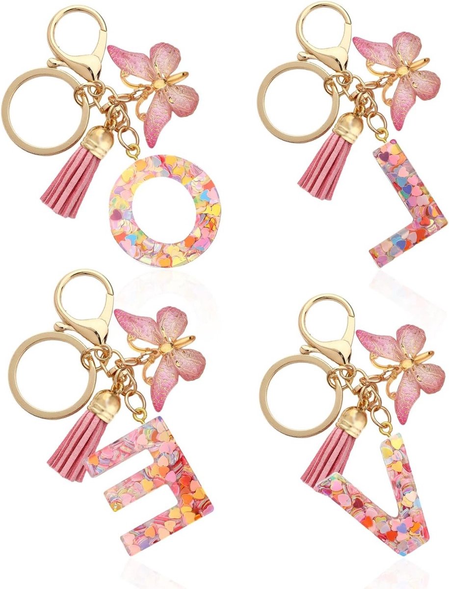 Set van 4 Sleutelhangers in Hartenvorm, Persoonlijke Cadeaus voor Stellen, Valentijnsdag Geschenken, Roze Resin Sleutelhangers, Unieke Accessoires voor Liefhebbers
