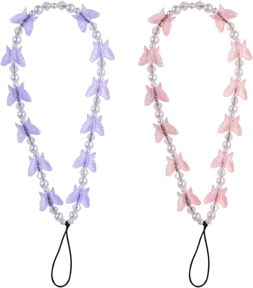 Kralen Telefoon Armband met Crystal Vlinder en Parels, Handige Lanyard Strap voor Sleutels en Telefoon voor Vrouwen en Meisjes (Paars, Roze)