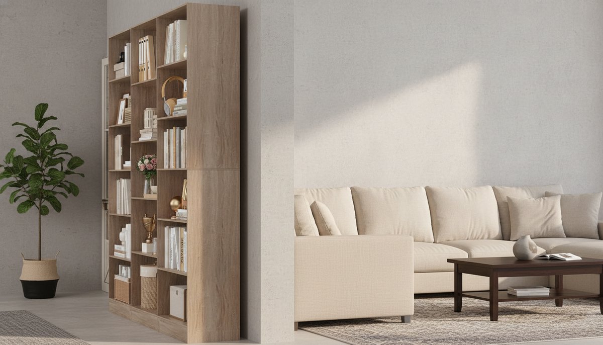 Boekenkast Hoog 188 cm met 17 Vakken – Scandinavische Eiken Staande Opbergkast / Roomdivider – 149 cm Breed – Trapezium Design – Ruimtebesparend Opbergrek – ABTKantoor