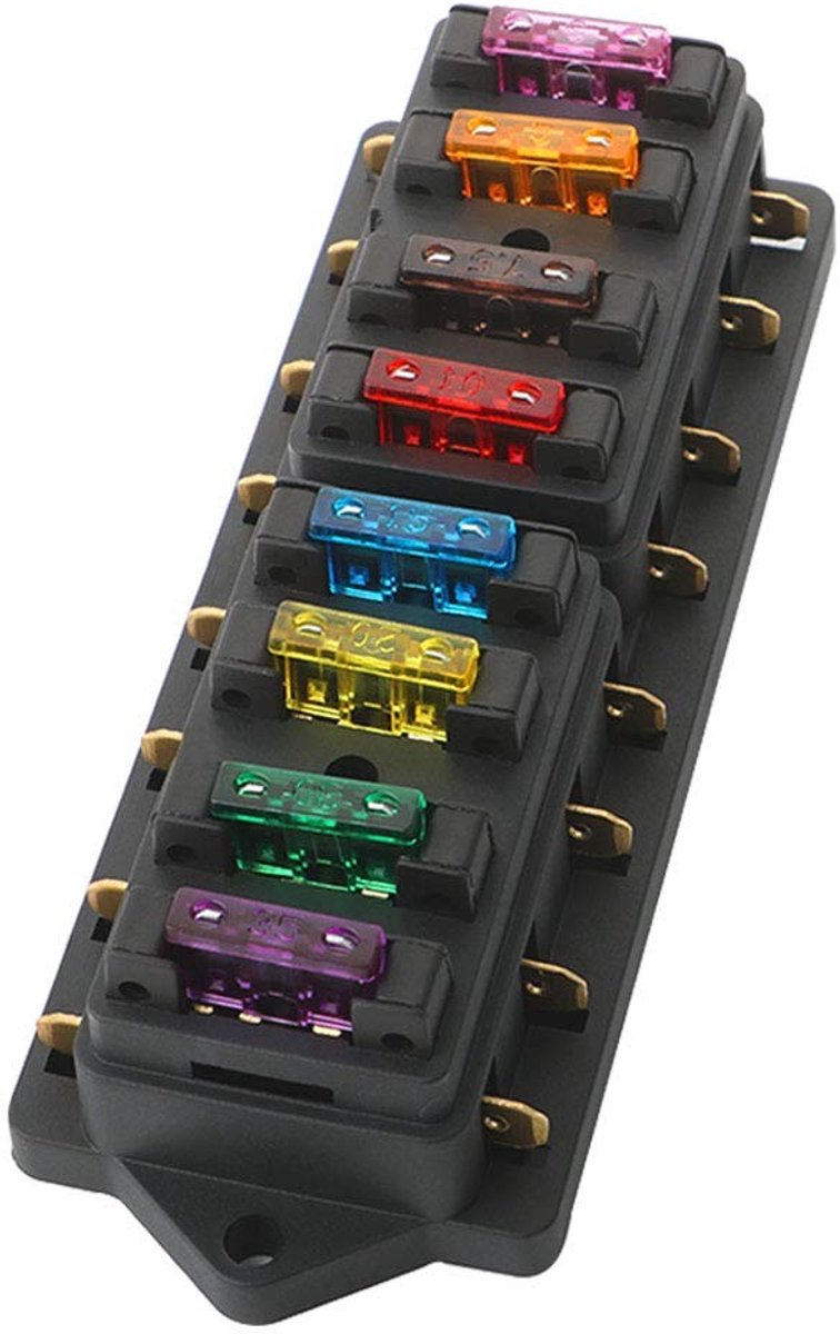 ONF3 - Premium 8 Way Fuse Box - Auto Fuse Box - Universele standaard - Zwart - Circuit Fuse Block - Inclusief 10 fuses - Geschikt voor auto truc...