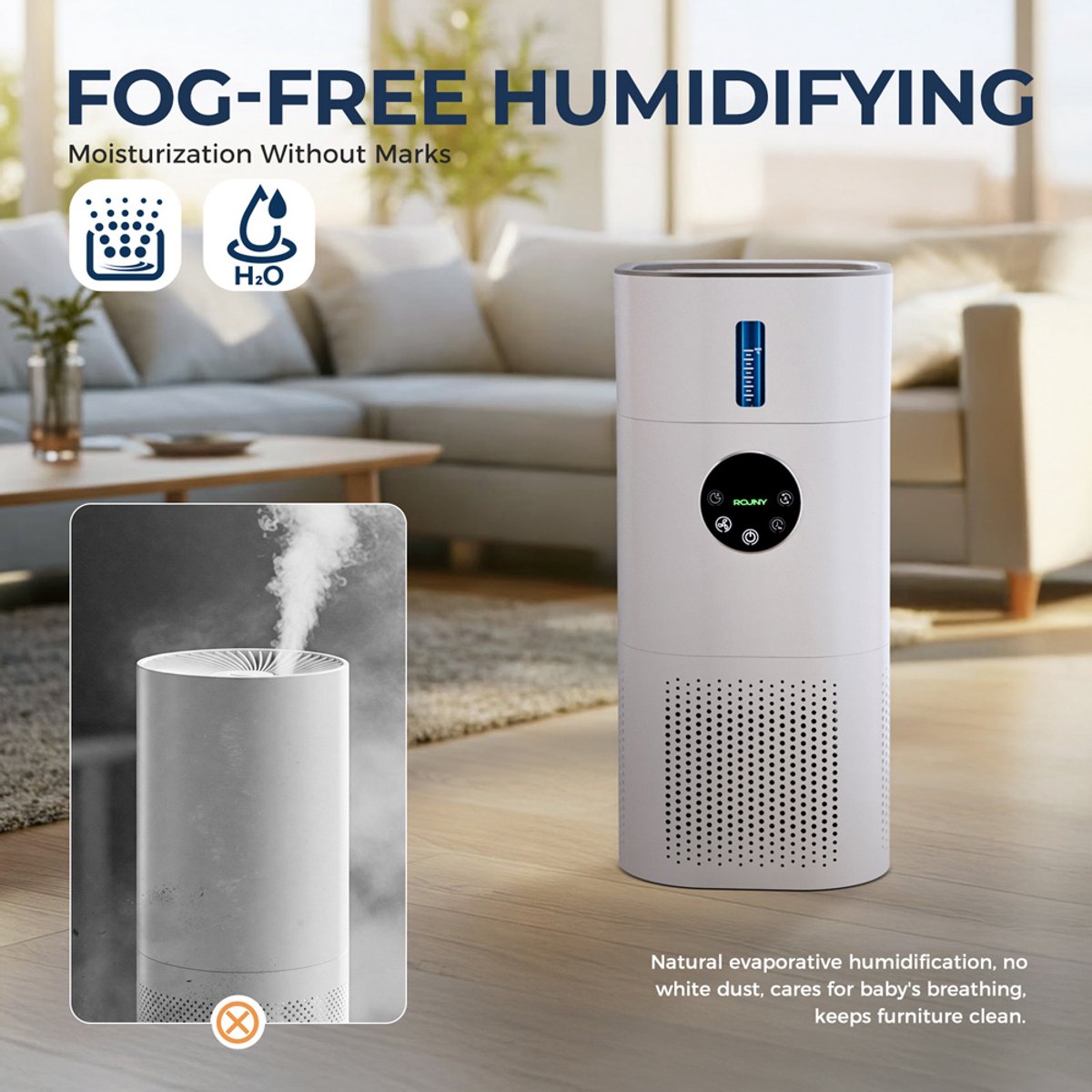 Glowstride 2-in-1 luchtreiniger - huisallergieën en huisdierenhaar - rokers in de slaapkamer - H13 True HEPA - luchtbevochtiger - air purifier - filter, wit — afbeelding 3
