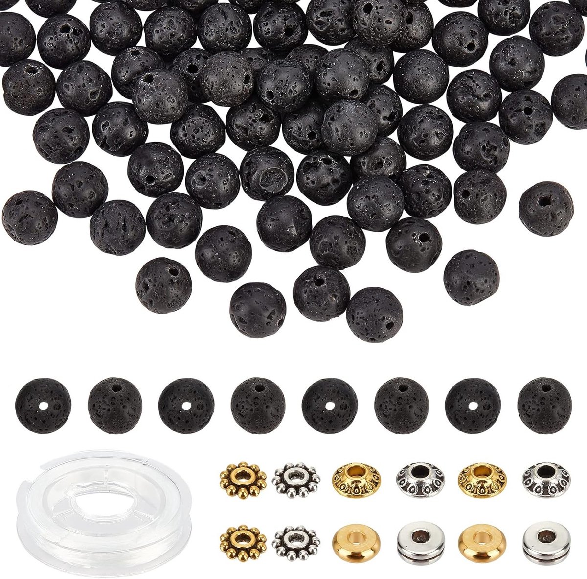 320 Stuks Spacer Kralen Set met 200 Natuurlijke Lava Rock Kralen en 120 Tibetaanse Stijl Metaal Kralen voor Sieraden Maken