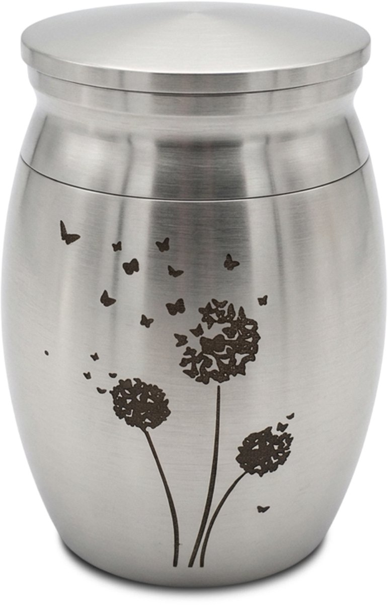 Akerz Mini Urn Zilver met Paardenbloemen en Vlinders – Herinneringsurn voor As – Aluminium – Inclusief Beschermzakje – Schroefdeksel