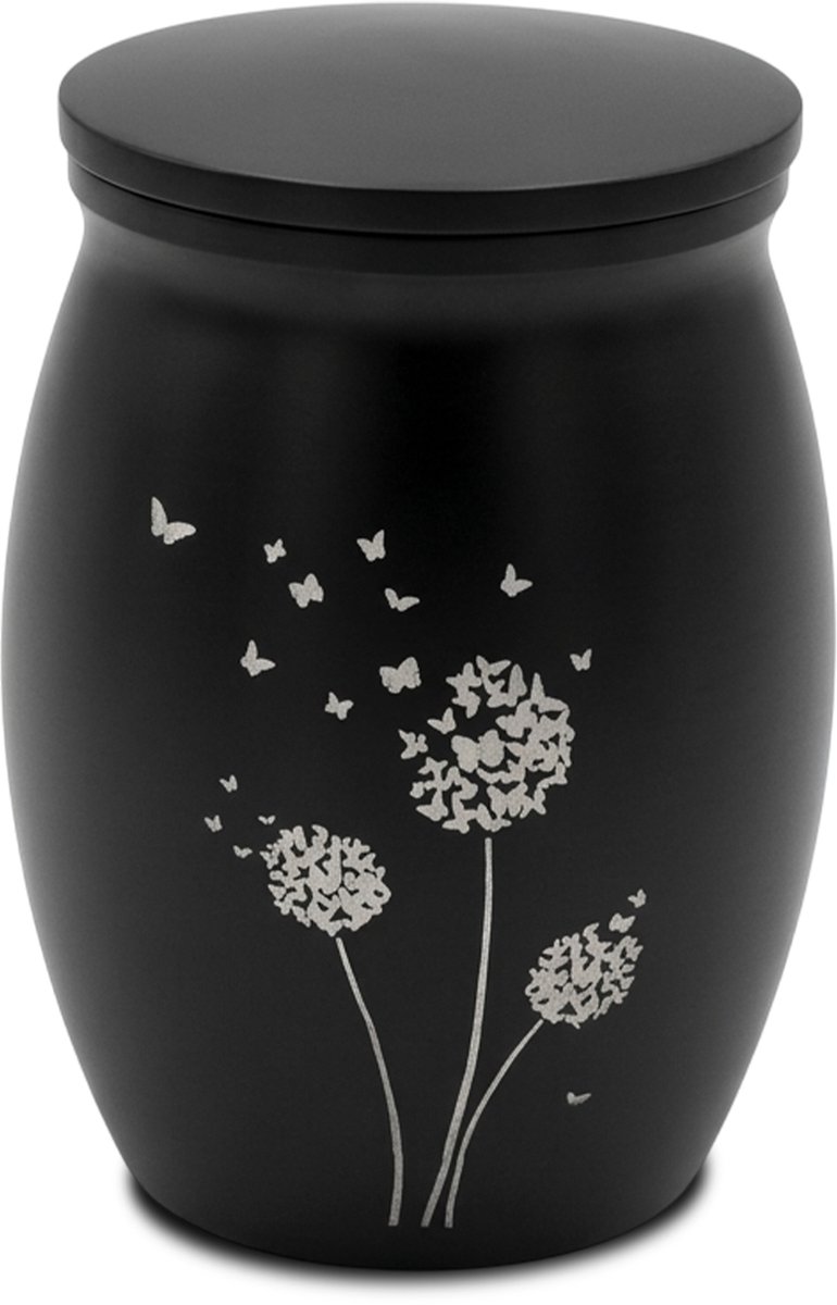 Akerz Mini Urn Zwart met Paardenbloemen en Vlinders – Herinneringsurn voor As – Aluminium – Inclusief Beschermzakje – Schroefdeksel