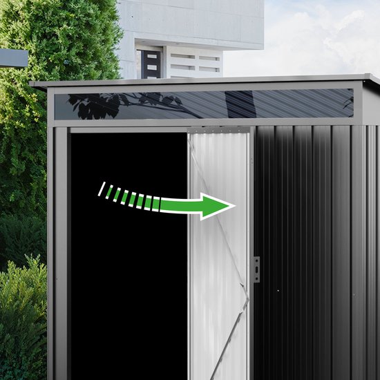 Grijze metalen tuinschuur met schuifdeur, met aanwijzing voor openen.