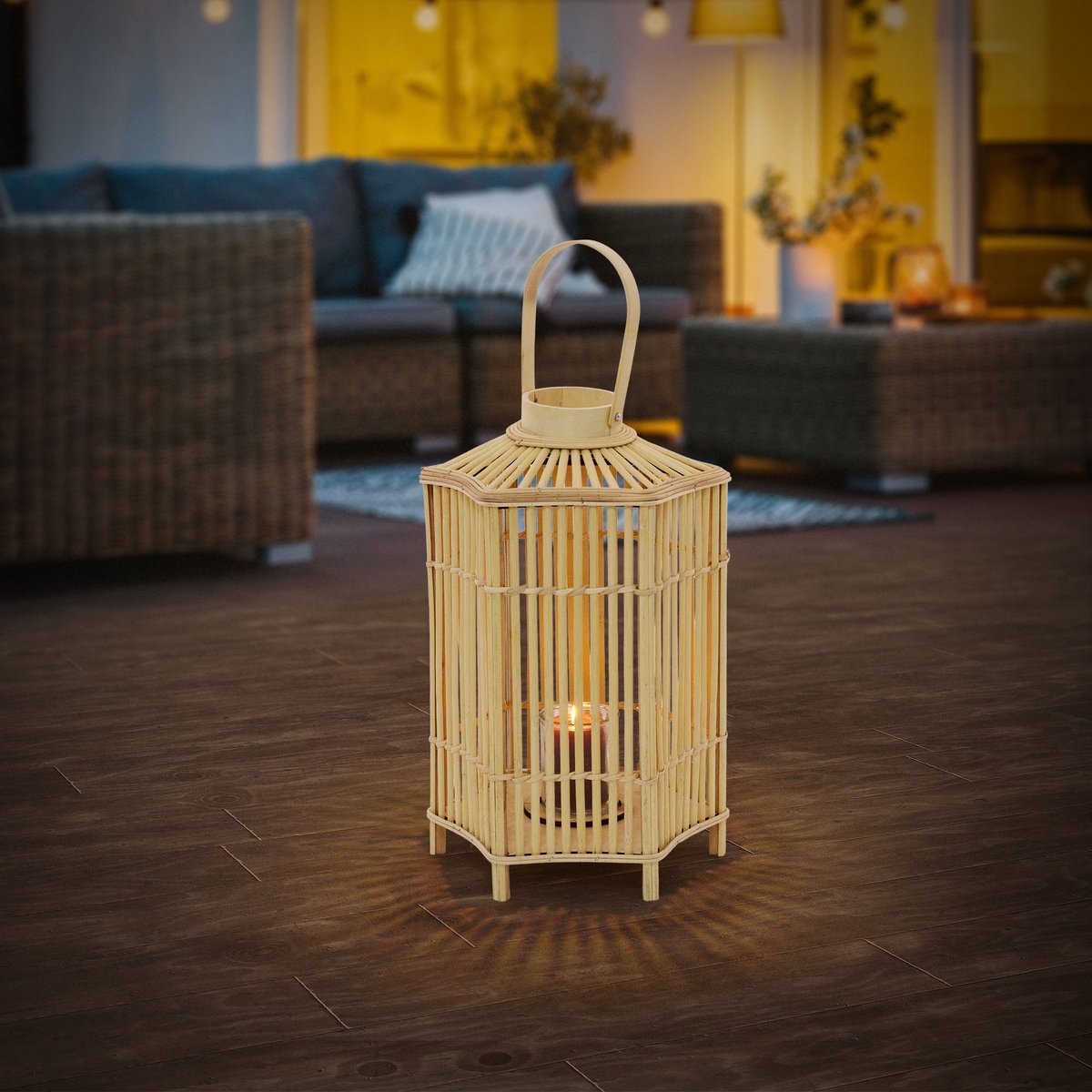 ECD Germany bamboe lantaarn, decoratieve houten windlicht serie, grote kaarsenhouder van 60 cm hoog, luxe houtlook met glas en handvat, sfeervolle boho tuinlantaarn gevlochten stijl, moderne decoratie voor binnen buiten balkon terras en woonkamer — cadeau in Wonen & Interieur - foto 7