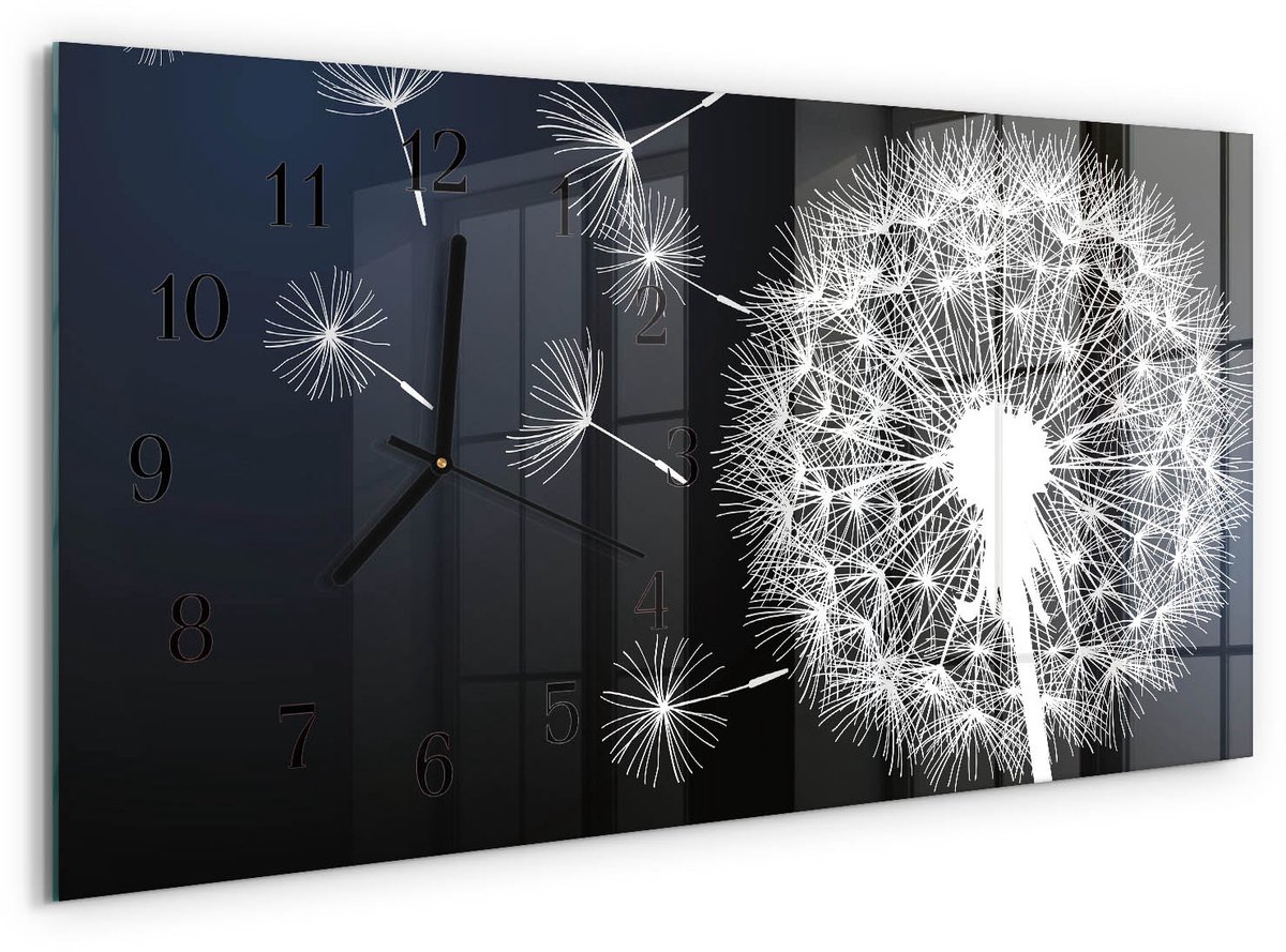 TULUP Wandklok - Paardebloem Decoratieve Glazen Klok - 60x30 cm - Marine Glazen Wandklok Design - Zwarte Handen - Rechthoekige Wandklok - Wandklok Glas Decoratie - Gekleurde Glazen Klok Marine - Paardebloem