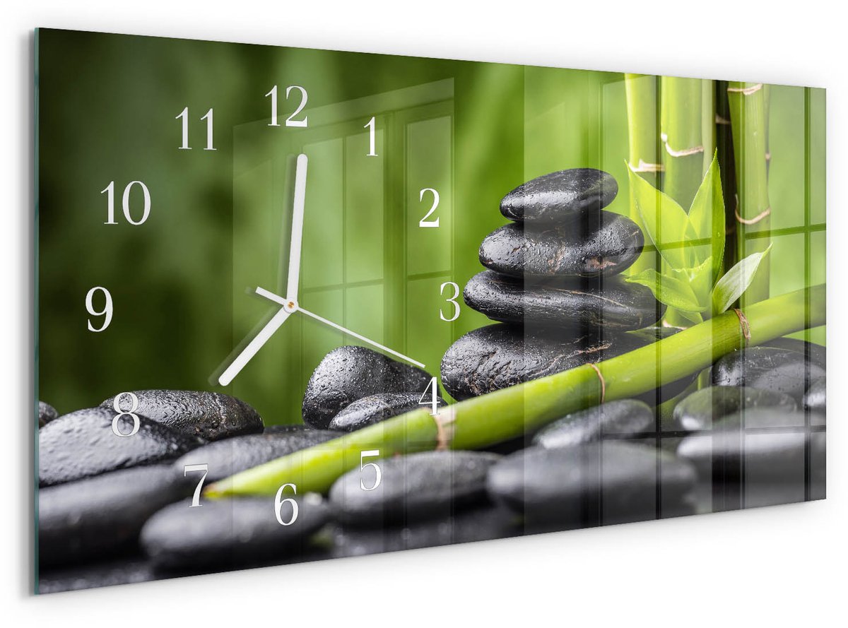 TULUP Wandklok - Zen-stenen Moderne Glazen Wandklok - 60x30 cm - Groente Wandklok Glas Met Motief - Witte Handen - Rechthoekige Wandklok - Klok Glas Met Opdruk - Moderne Wandklok Glas Groente - Zen-stenen