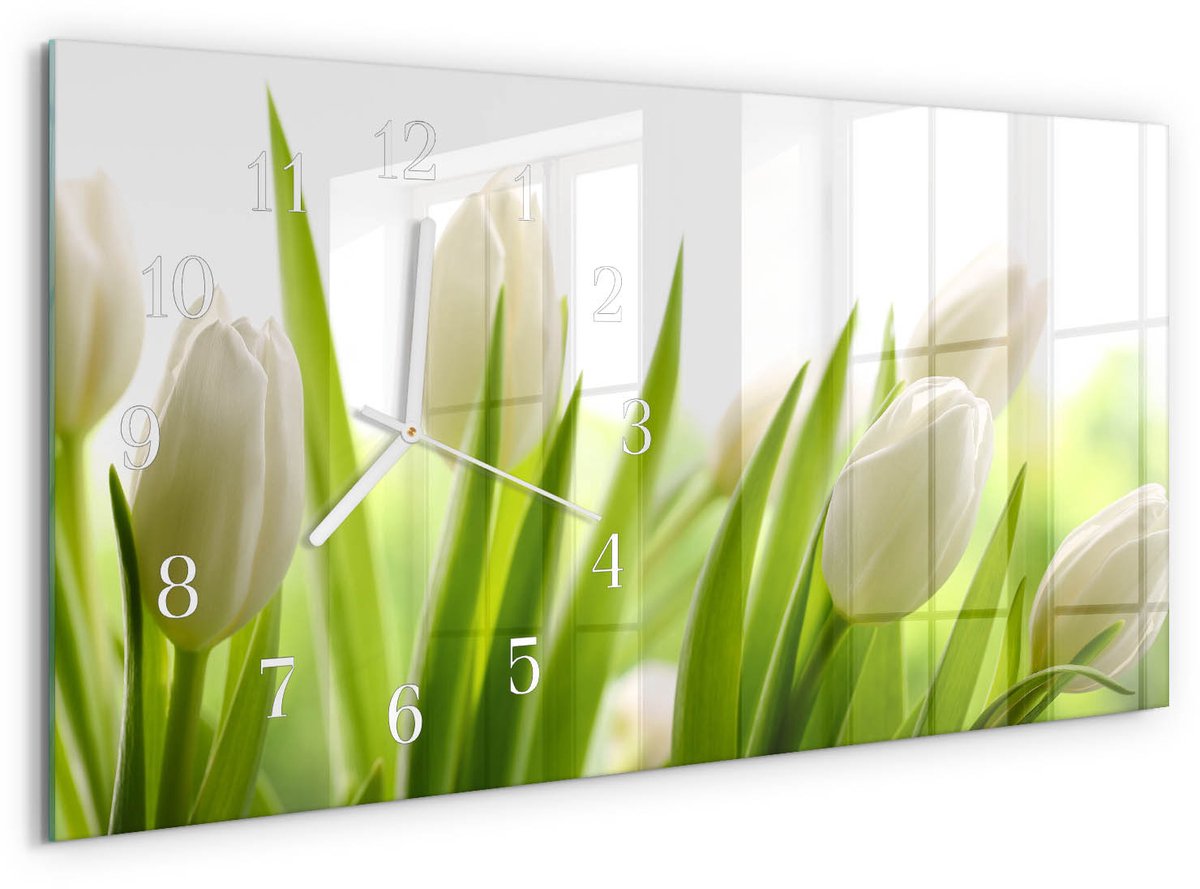 TULUP Wandklok - Witte tulpen Wandklok Glas Decoratie - 60x30 cm - Wit Gekleurde Glazen Klok - Witte Handen - Rechthoekige Wandklok - Klok Glas Met Opdruk - Moderne Wandklok Glas