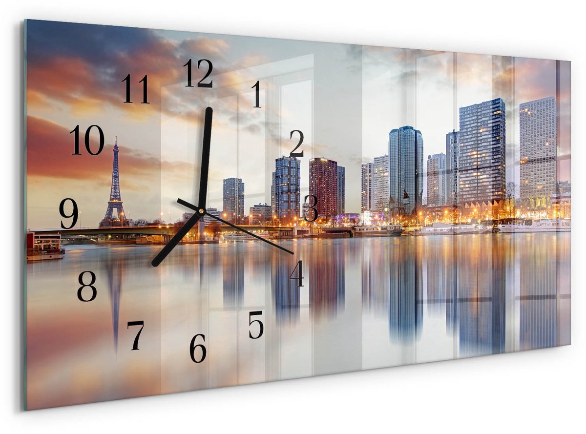 TULUP Wandklok - Parijs in de avond Gekleurde Glazen Klok - 60x30 cm - Oranje Glazen Klok Met Print - Zwarte Handen - Rechthoekige Wandklok - Glazen Klok Met Print - Wandklok Glas Met Motief Oranje - Parijs in de avond