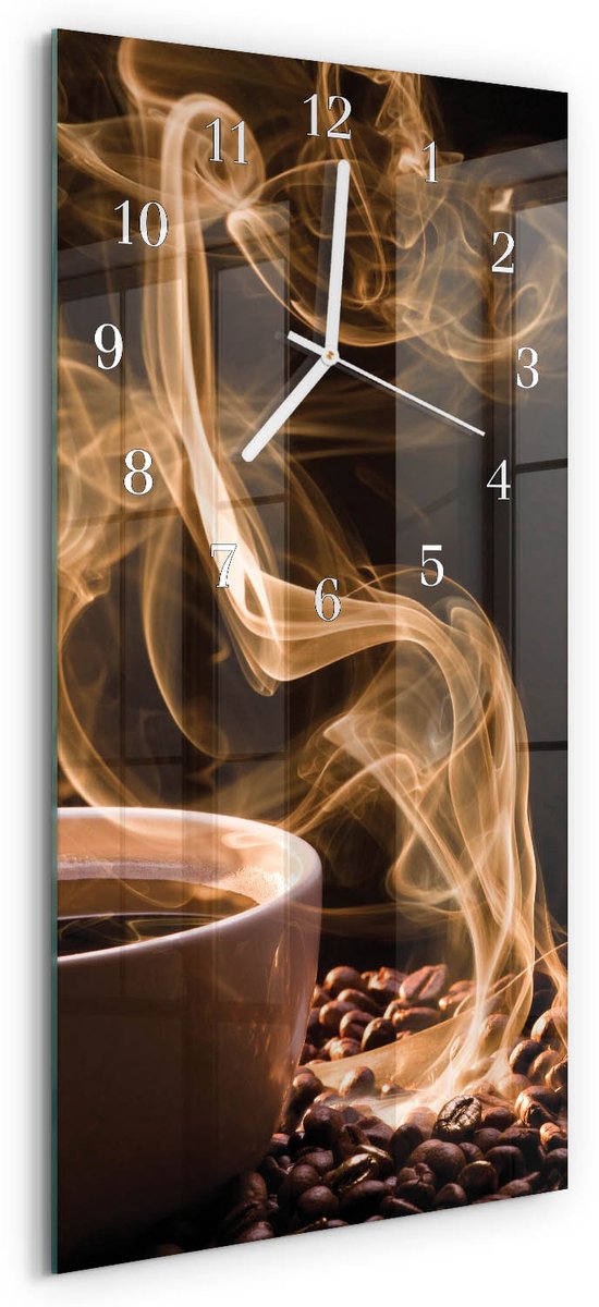 TULUP Wandklok - Kopje koffie Gekleurde Glazen Klok - 30x60 cm - Bruin Glazen Klok Met Print - Witte Handen - Rechthoekige Wandklok - Wandklok Glas Decoratie - Gekleurde Glazen Klok Bruin - Kopje koffie