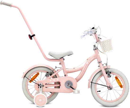 Sun Baby Kinderfiets 14 Inch FLOWER BIKE Retro, Fiets voor Meisje 3-5 Jaar, Max 50 kg - V-brakes, zijwielen, bel, reflectoren, stalen frame, verstelbaar - Roze