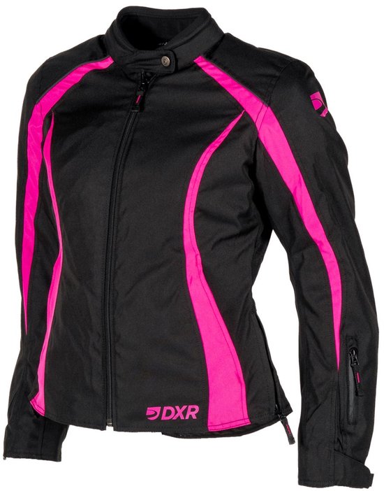 Zwarte motorjas voor dames met Fushia roze accenten en een DXR-logo op de borst.