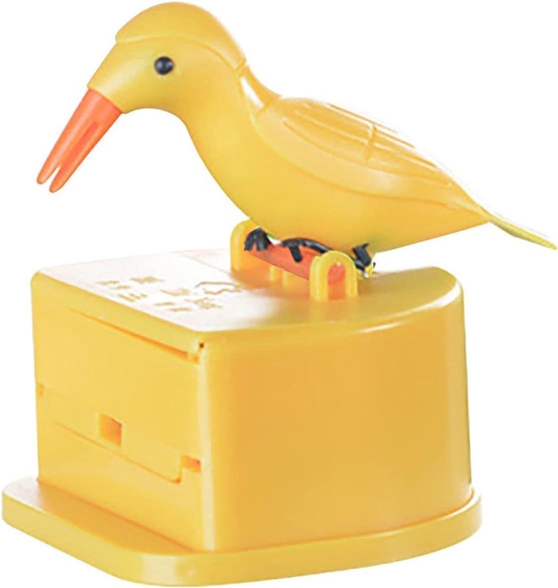 JeiibrZui Yellow Bird Automatische Zahnstocherspender - Compact Formaat - 1 Stuks Hygiënische Dispenser Met Opbergvak - Geel Vogel Design Voor Keuken En Eetkamer