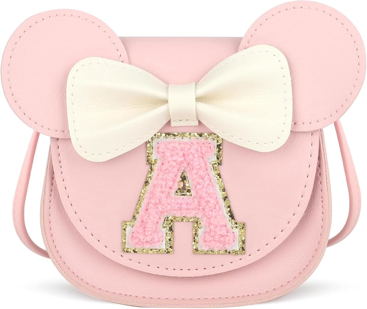JeiibrZui Lieve Kleine Muis - Meisjes Mini Schoudertas Met Strik En Oren - 16,5x5x13,5 Cm - 1 Stuks - Roze - PU Leder Portemonnee Voor Kinderen 2-8 Jaar(De letter A)