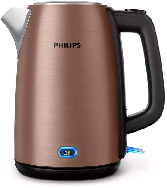 Koperkleurige Philips waterkoker met geborsteld metaal, zwart handvat en blauwe 'KEEP WARM' indicator op aan/uit-knop.