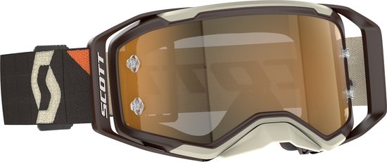 Scott Prospect 2.0 AMP crossbril, bruin frame, beige accenten, oranje geprint band met "SCOTT" logo.
