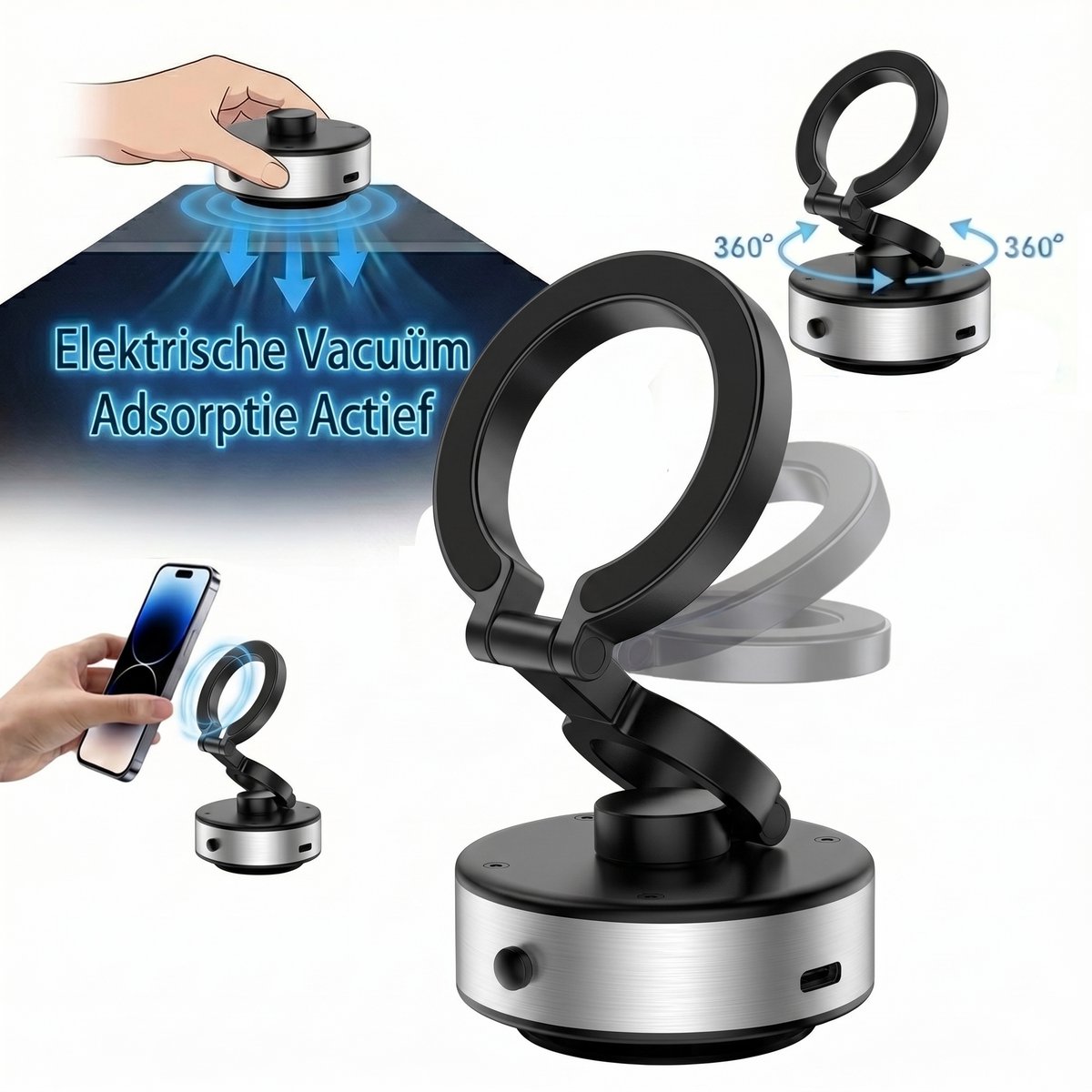 Elektrische Vacuüm Magnetische Telefoonhouder Auto - N52 Sterke Magneet & Automatische Zuignap - 360° Draaibaar & 3-Assig Opvouwbaar - Universeel voor Dashboard, Scherm & Thuis - Anti-Shake Smartphone Houder - GSM Houder Auto - Zwart