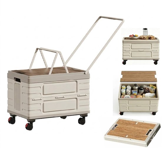 Boodschappentrolley Opvouwbaar met Wielen & Trekstang – 60L Grote Capaciteit – Multifunctionele Opbergbox met Houten Deksel (Tafel/Zitje) – Boodschappenkar, Camping & Auto Organizer