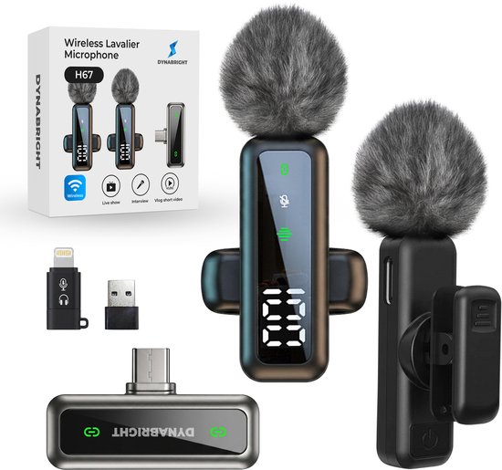 Boîte et pièces d'un ensemble de microphones sans fil noirs H67. "Microphone sans fil Lavalier".