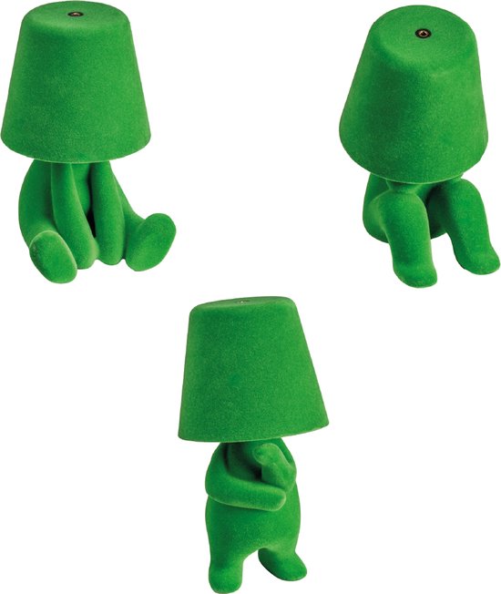 Lampe de table verte à texture douce, conçue comme une petite figurine avec un abat-jour pour tête.