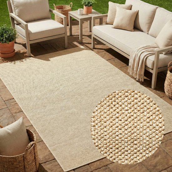 Tapiso Calma Tapis d'extérieur résistant aux intempéries Balcon Jardin Terrasse - Lavable Résistant aux UV Tapis de couloir Tapis d'extérieur Beige 200x300
