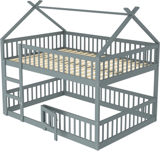 Grijs houten stapelbed met huisvormig dak en hekjes, zonder matrassen.